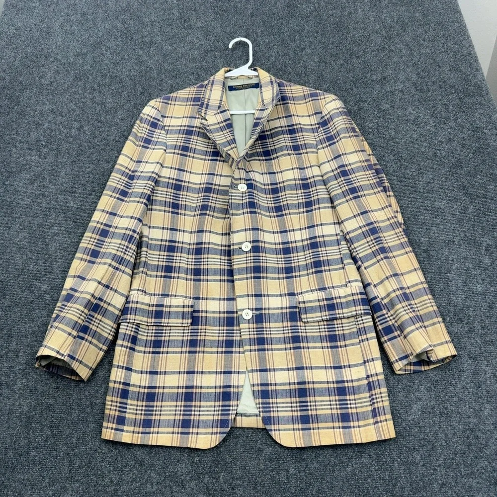 Vintage Brooks Brothers Sport Coat Mens 42R Tan Blue Plaid Silk Blend Blazer